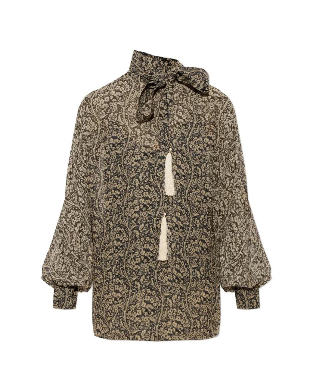 Zimmermann Black Floral-Print Tie-Neck Top