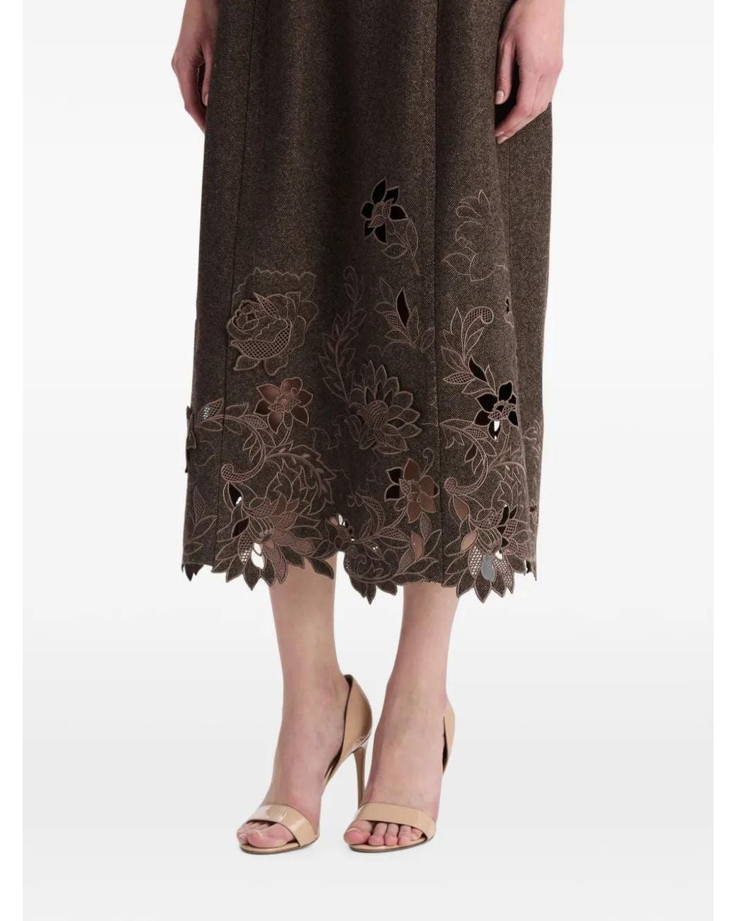 Oscar de la Renta Brown Peony-Cutout Herringbone Flared Midi Dress