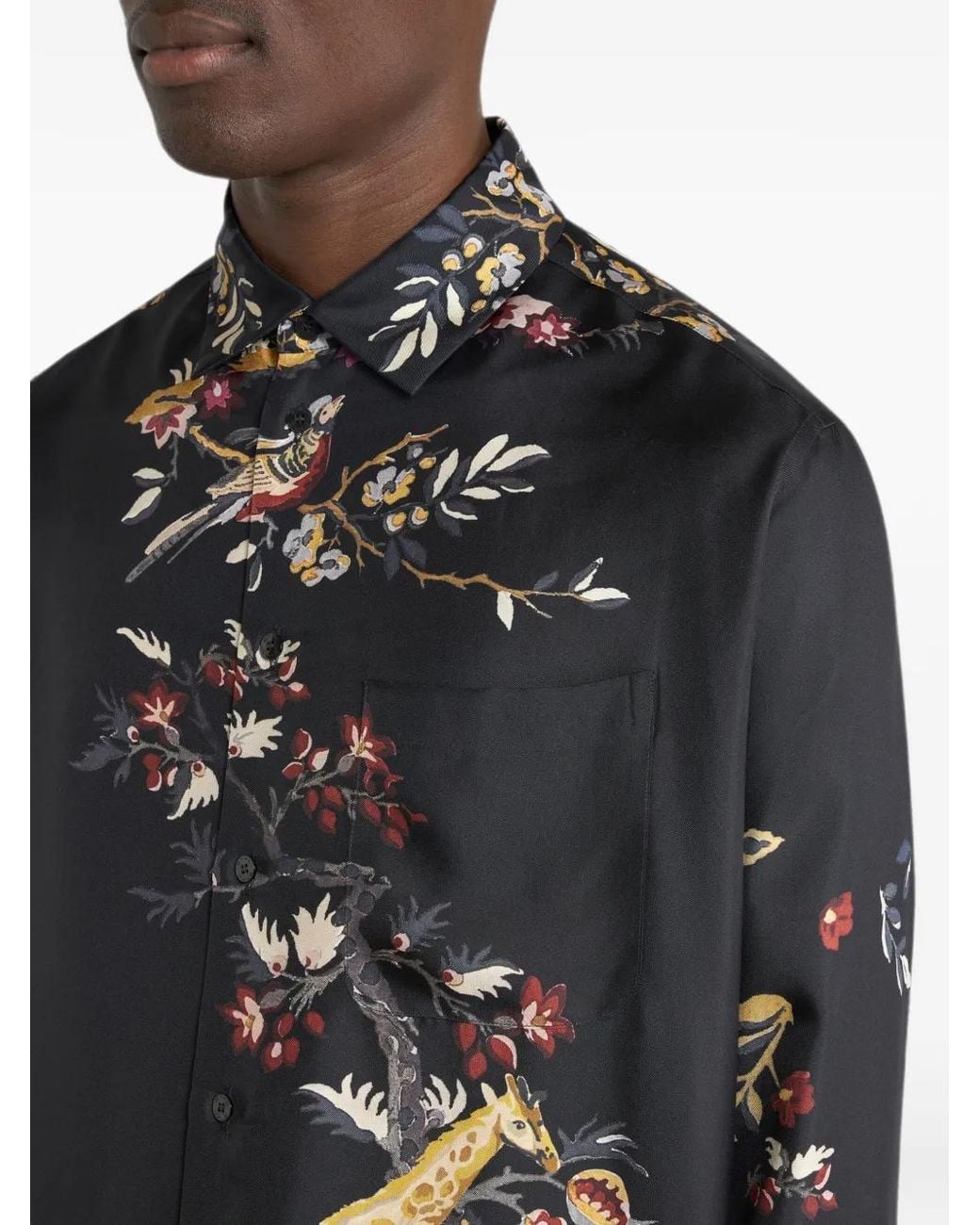 Etro Black Silk Twill Shirt With Placed Flower And Animal Print for men