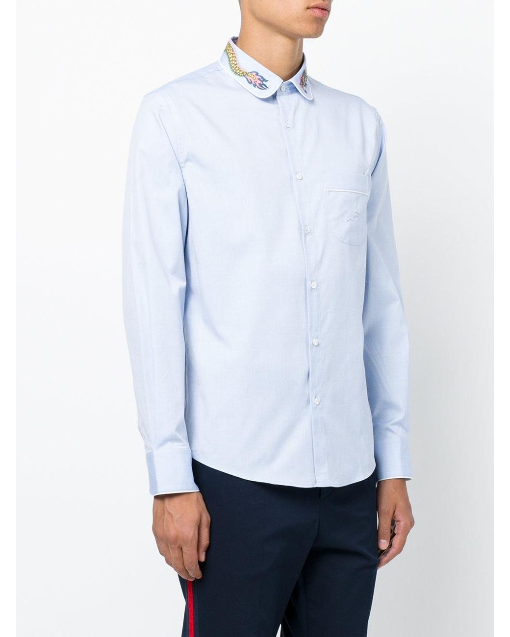 Gucci Dragon Embroidered Collar Shirt in Blue for Men | Lyst