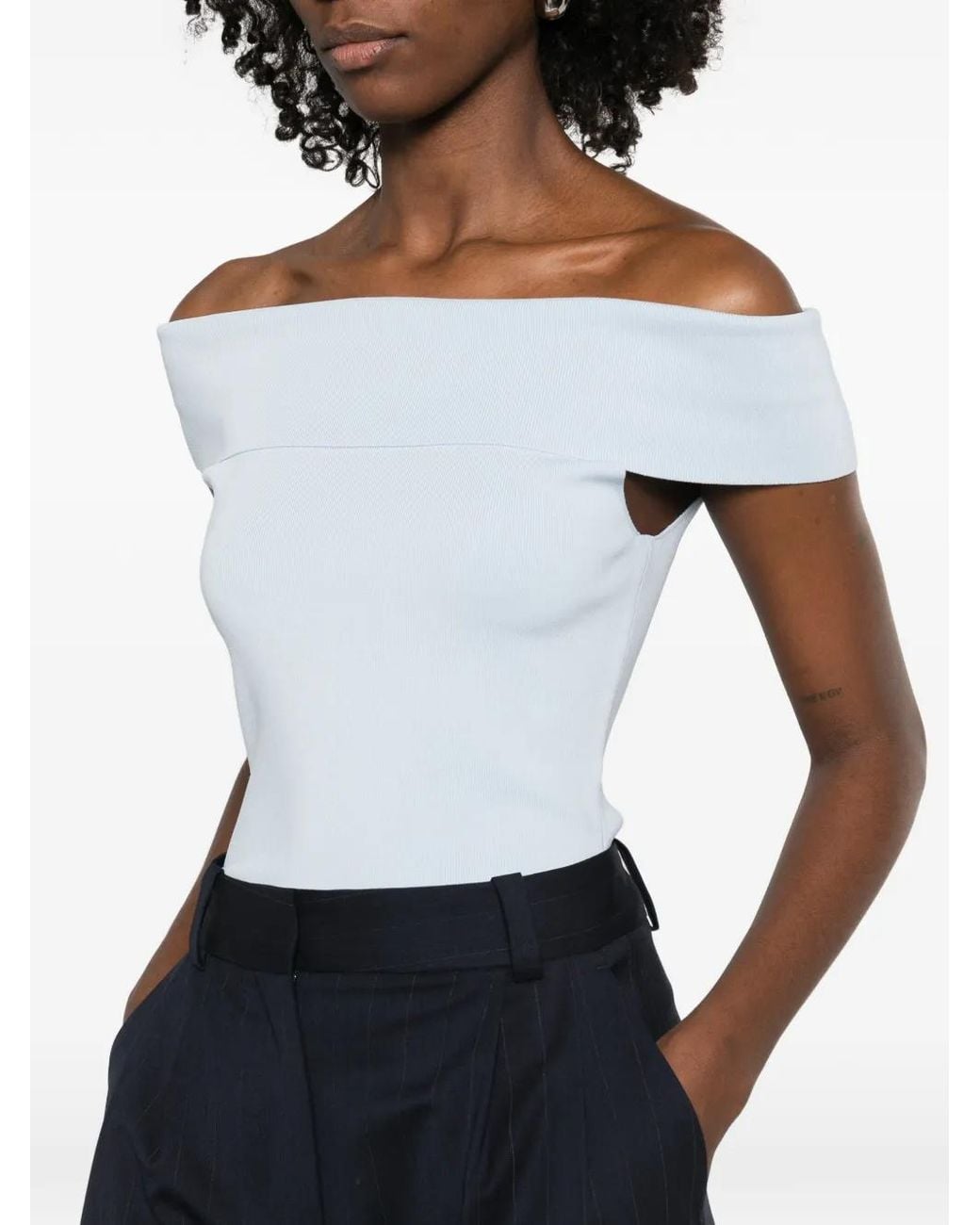 Maje White Bardot Rib Knit Top