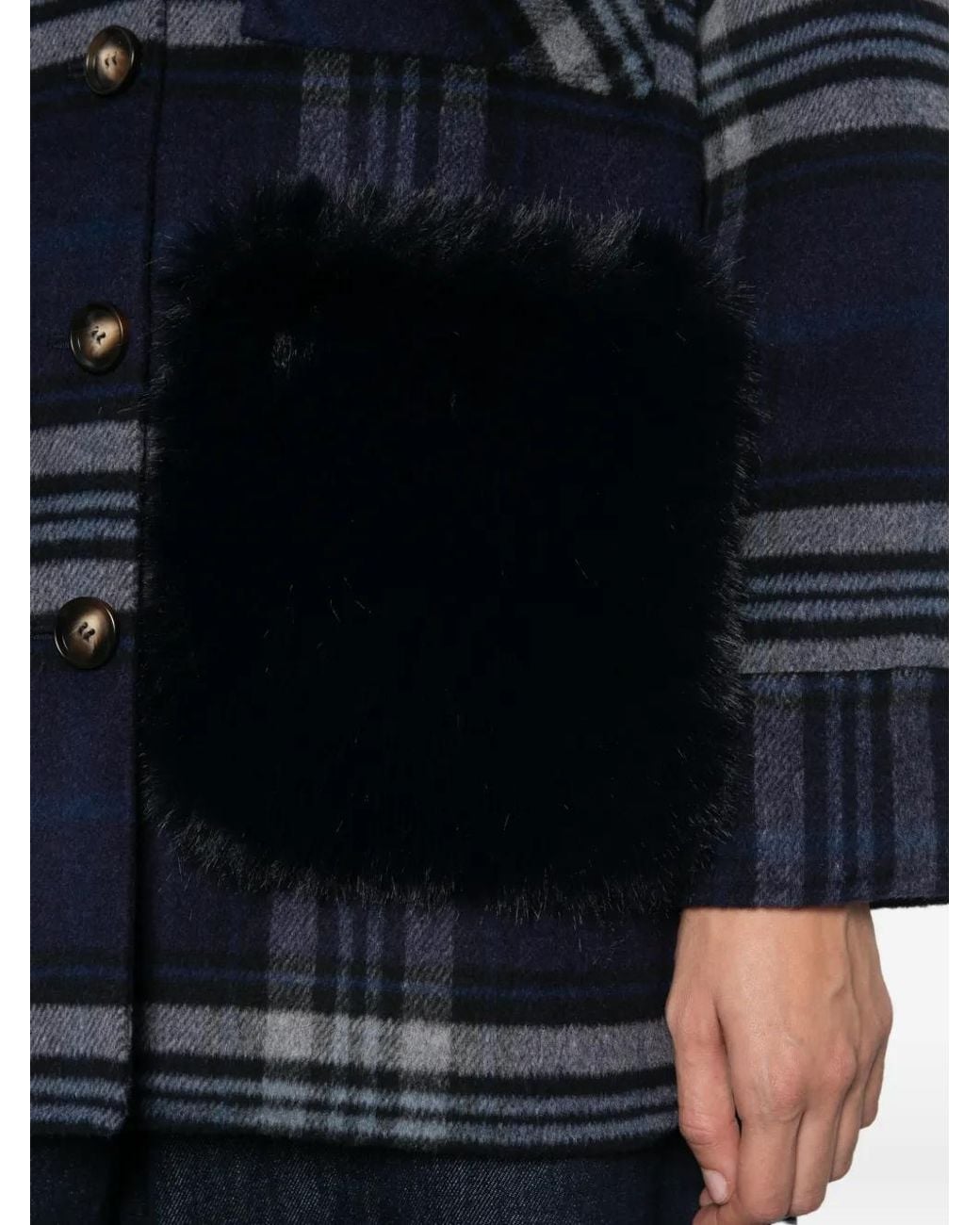 Ava Adore Blue Check-Pattern Faux-Fur-Trim Coat