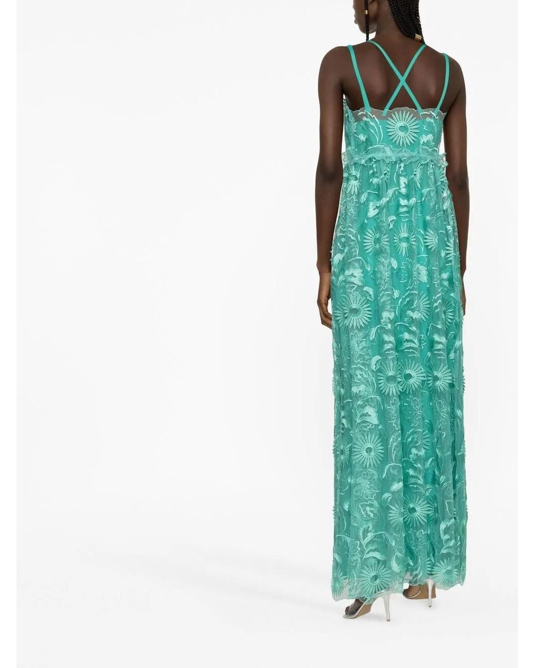Alberta Ferretti Green Embroidered Tulle Maxi Dress