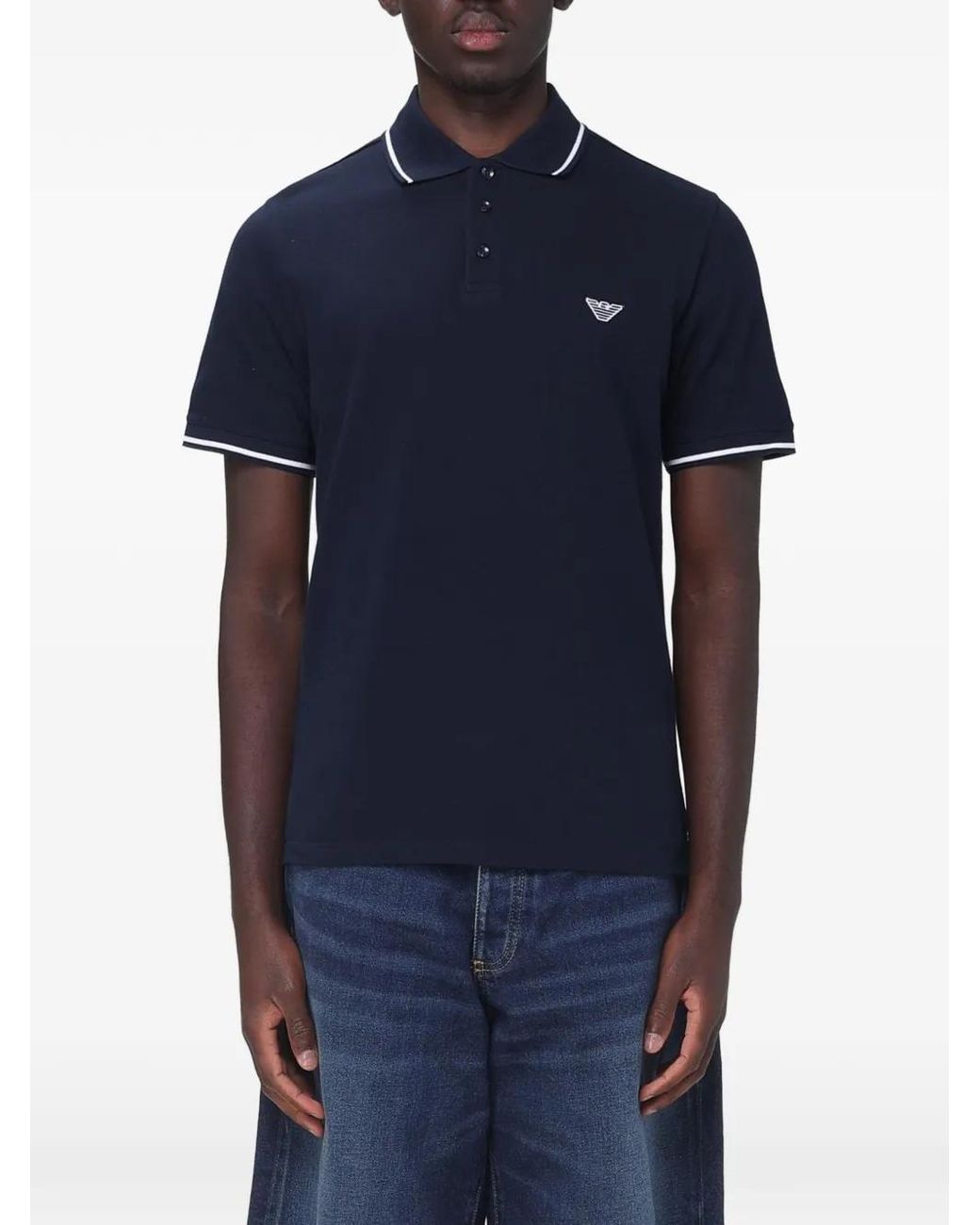 Emporio Armani Blue Logo-Embroidered Tipped Polo Shirt for men