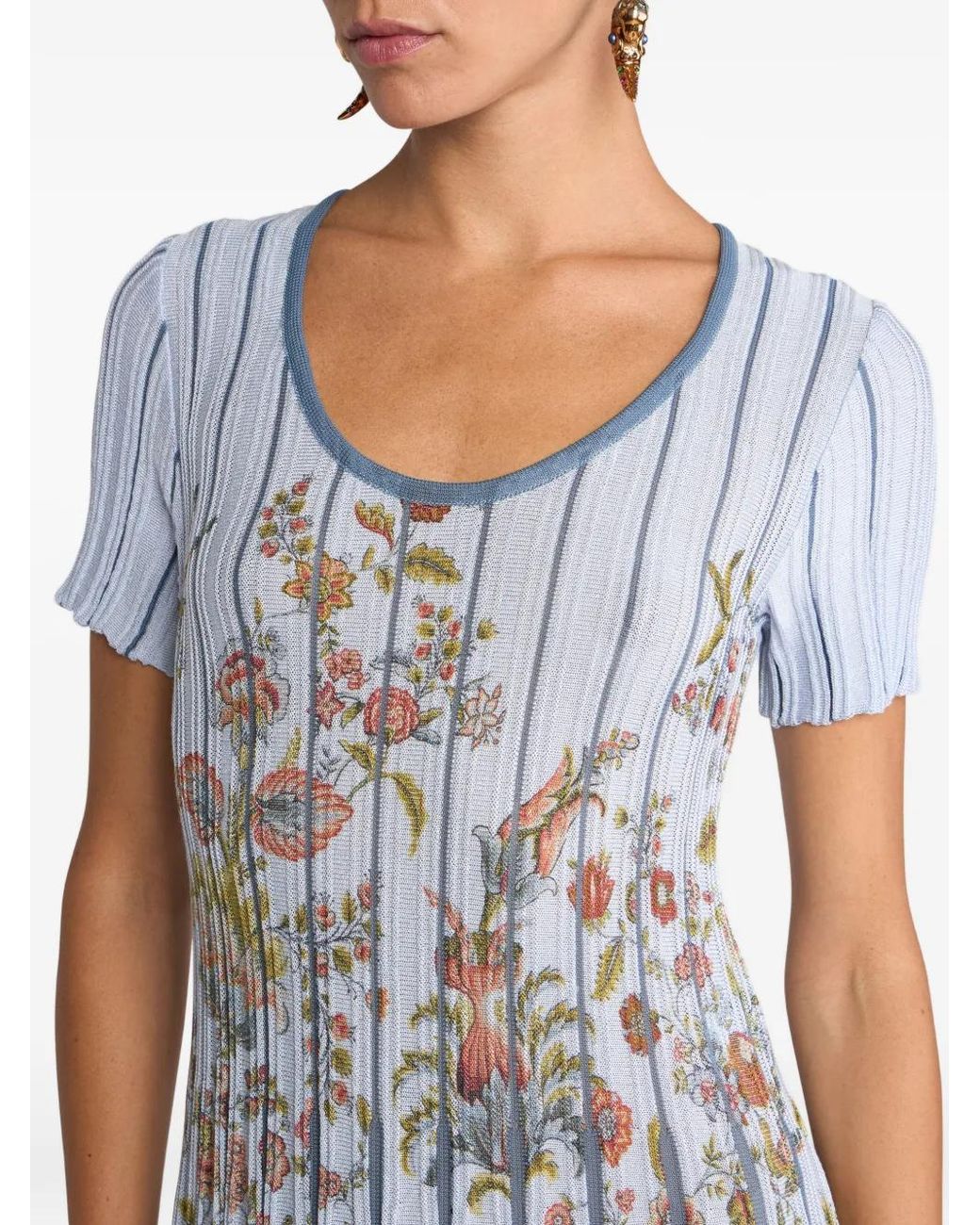 Etro Blue Pleated Cotton-Blend Midi Dress With Placed Print