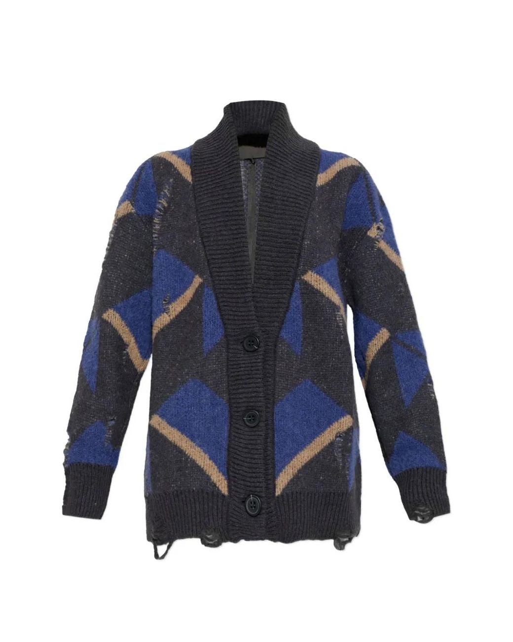 Akep Blue Geometric-Pattern Distressed Cardigan