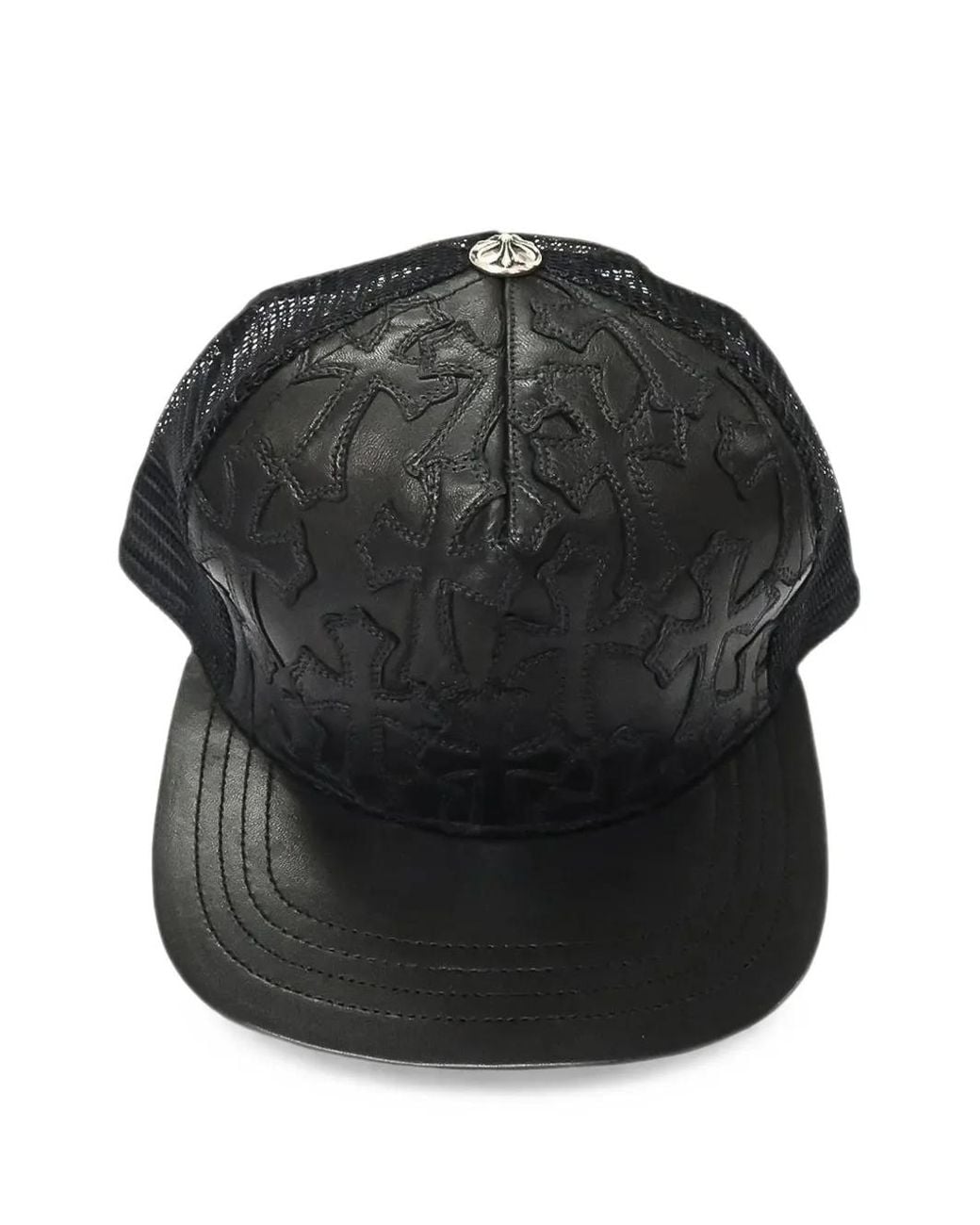Chrome Hearts Black Cemetery Cross Leather Trucker Hat for men