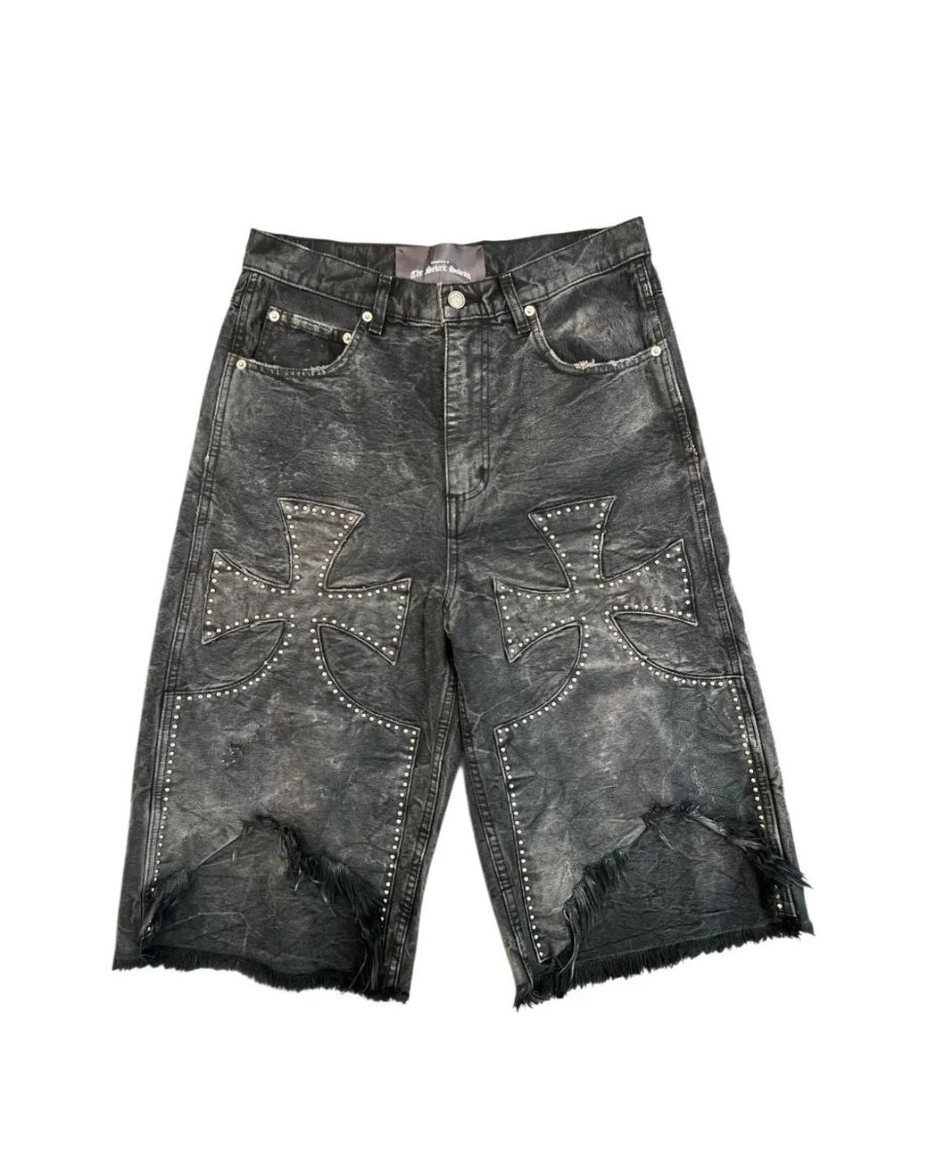 SEKRIT Gray Chopper Studded Denim Shorts for men