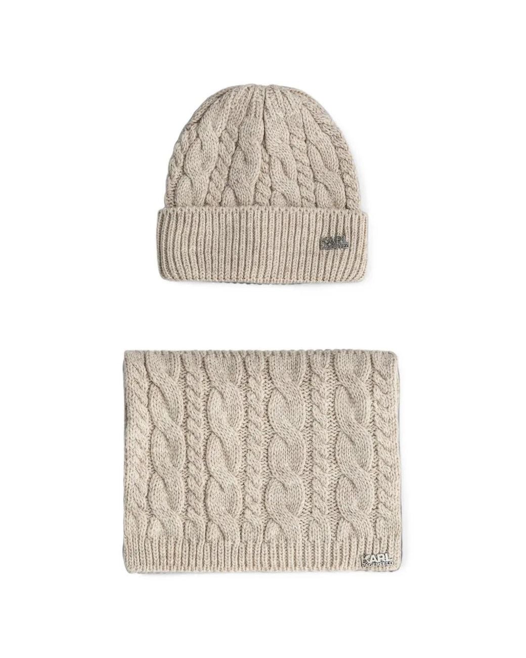 Karl Lagerfeld White Cable-Knit Logo-Plaque Beanie Hat And Scarf Set for men