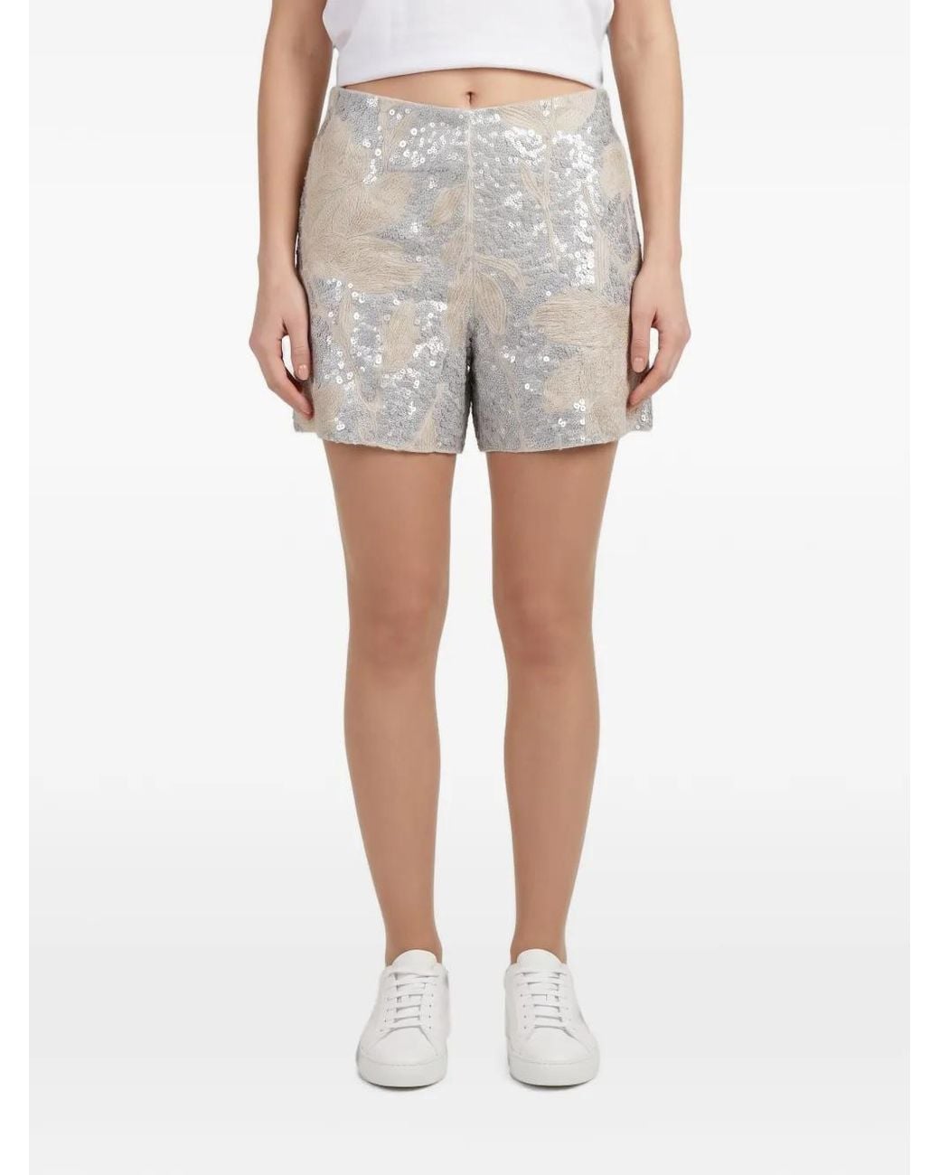 Brunello Cucinelli Gray Sequin-Embellished Floral-Embroidered Shorts