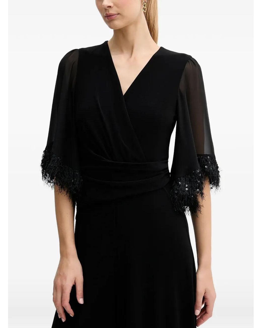 Joseph Ribkoff Black Fringed V-Neck Jumpsuit