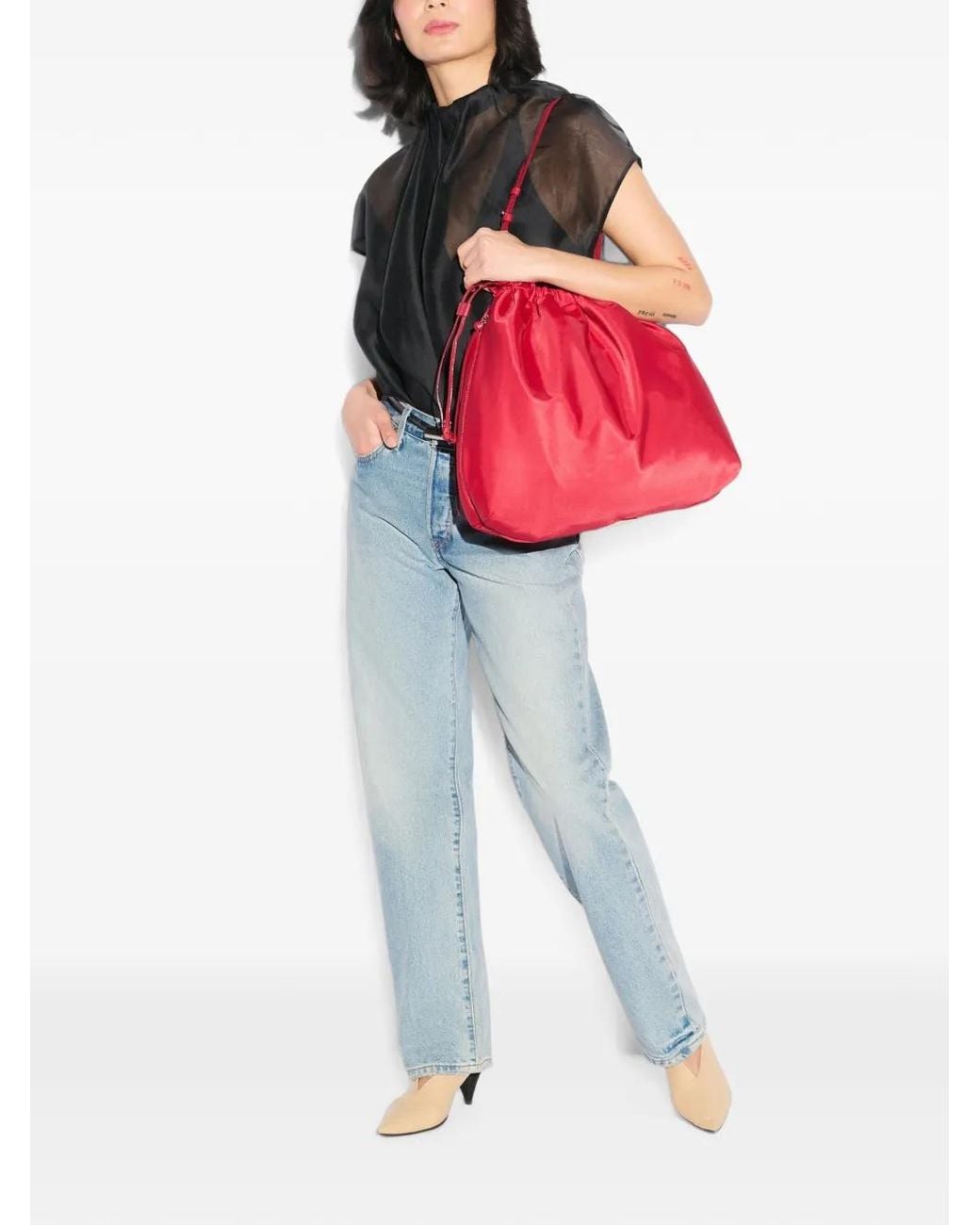 MZ Wallace Red Waverly Drawstring Bucket Bag