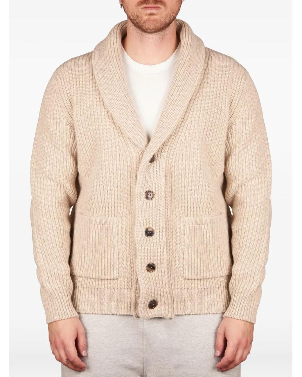 FILIPPO DE LAURENTIIS Natural Ribbed-Knit Shawl-Collar Cardigan for men