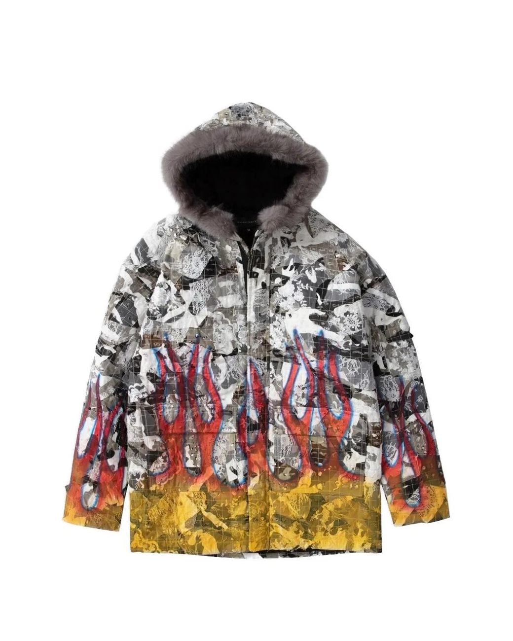 Who Decides War Gray Flame-Print Hooded Parka Coat for men