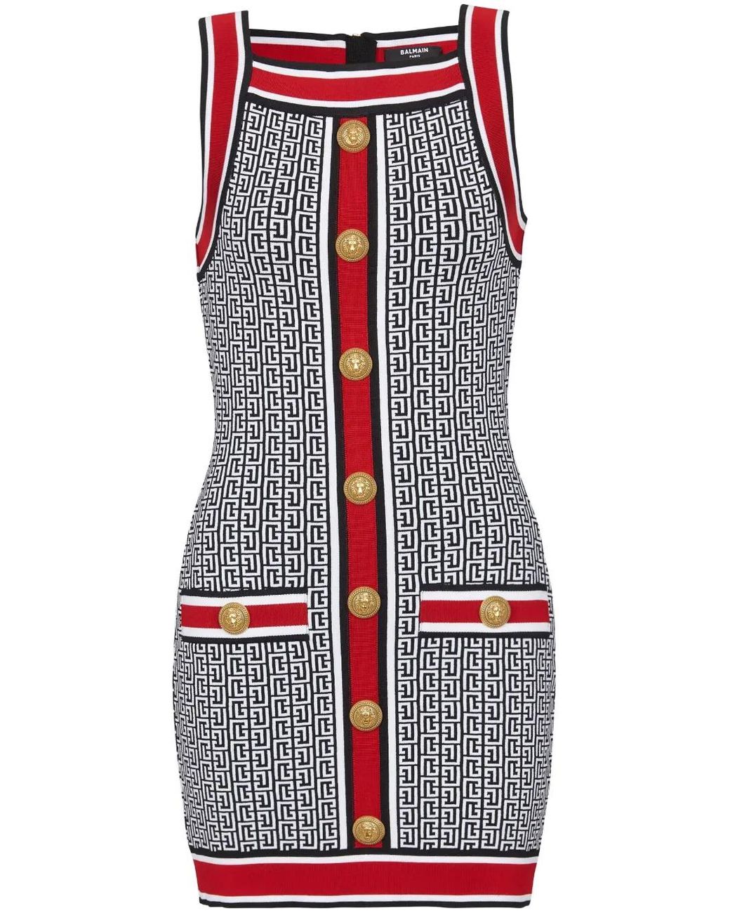 Balmain Red Button-Embellished Monogram Minidress
