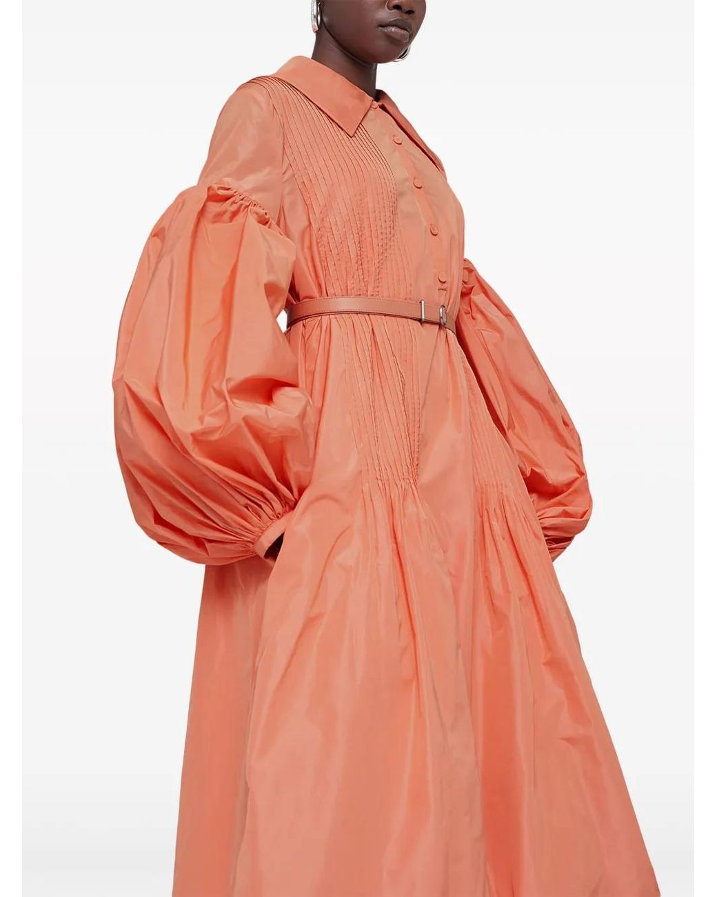 Jil Sander Orange Puff-Sleeve Pleated Taffeta Dress