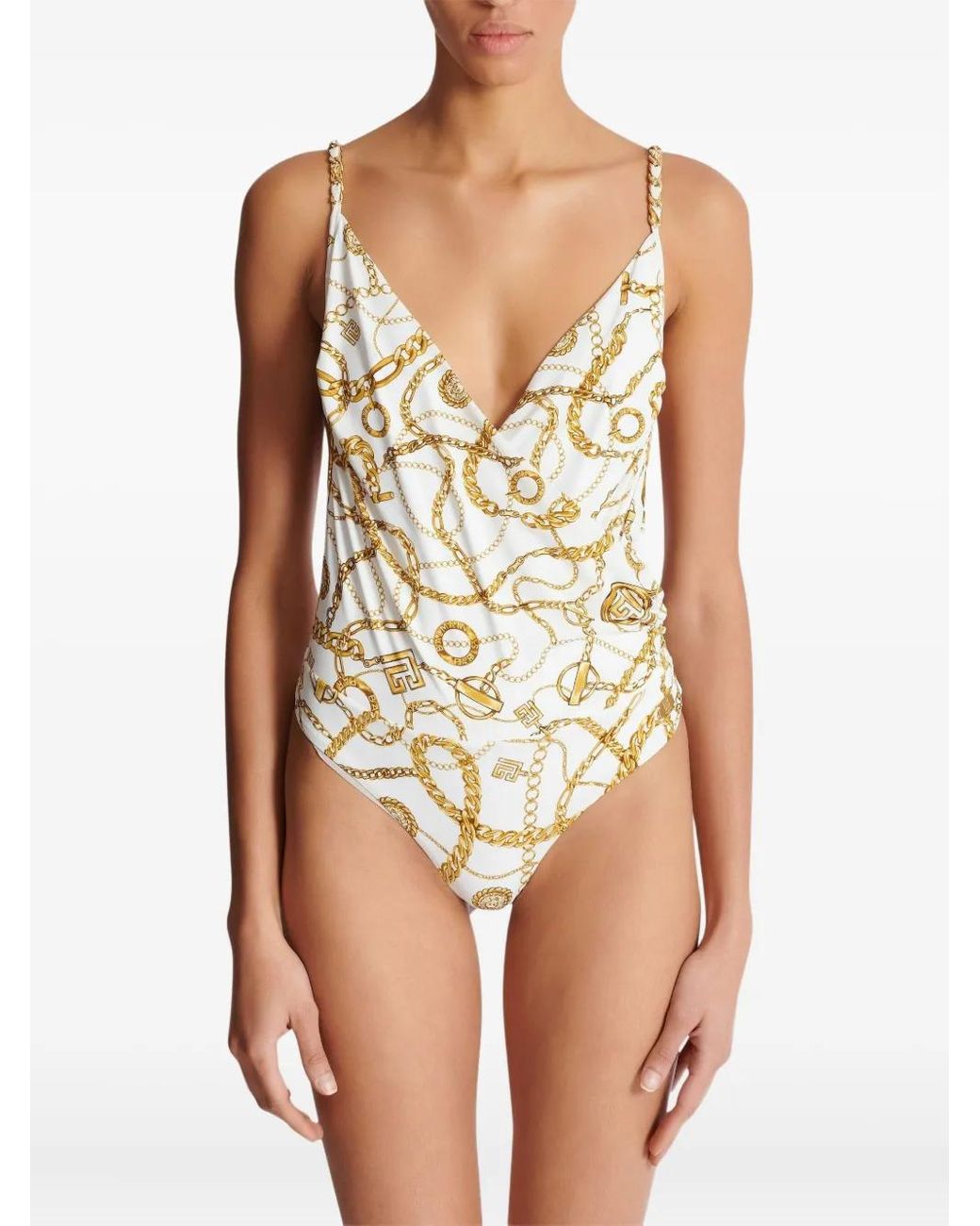 Balmain White Chaînes-Pattern Swimsuit