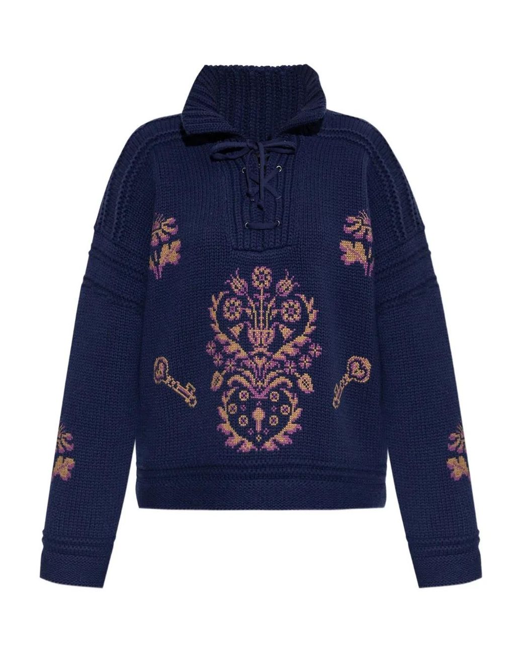 Etro Blue Pull Brodé À Détail De Laçage