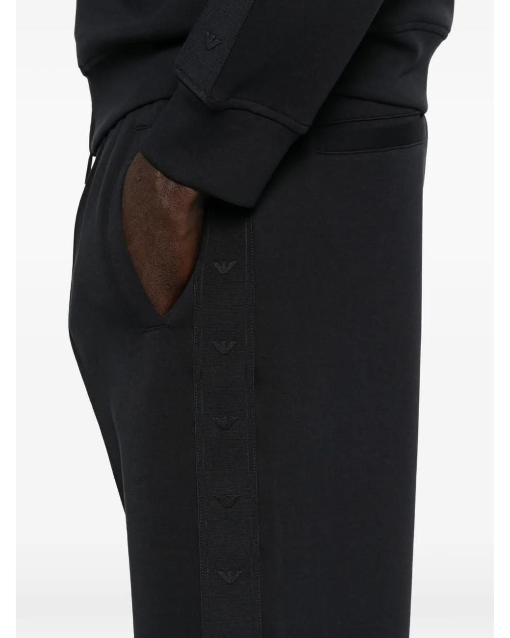 Emporio Armani Black Double-Jersey Trousers With Micro Eagle Logo Band for men