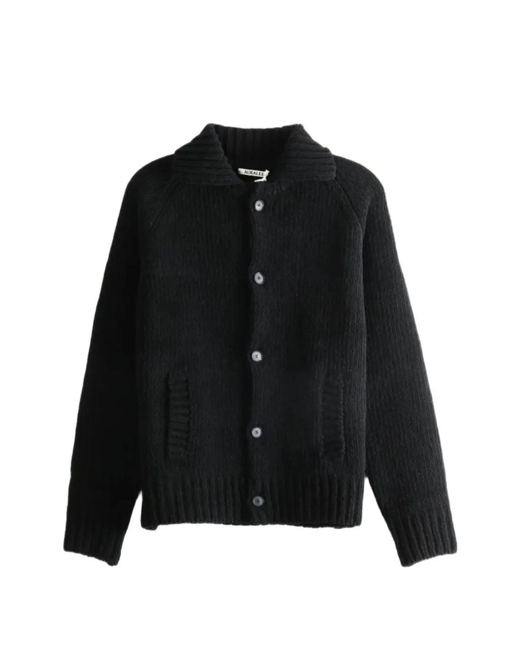 Auralee Black Ribbed-Knit Shawl-Collar Cardigan