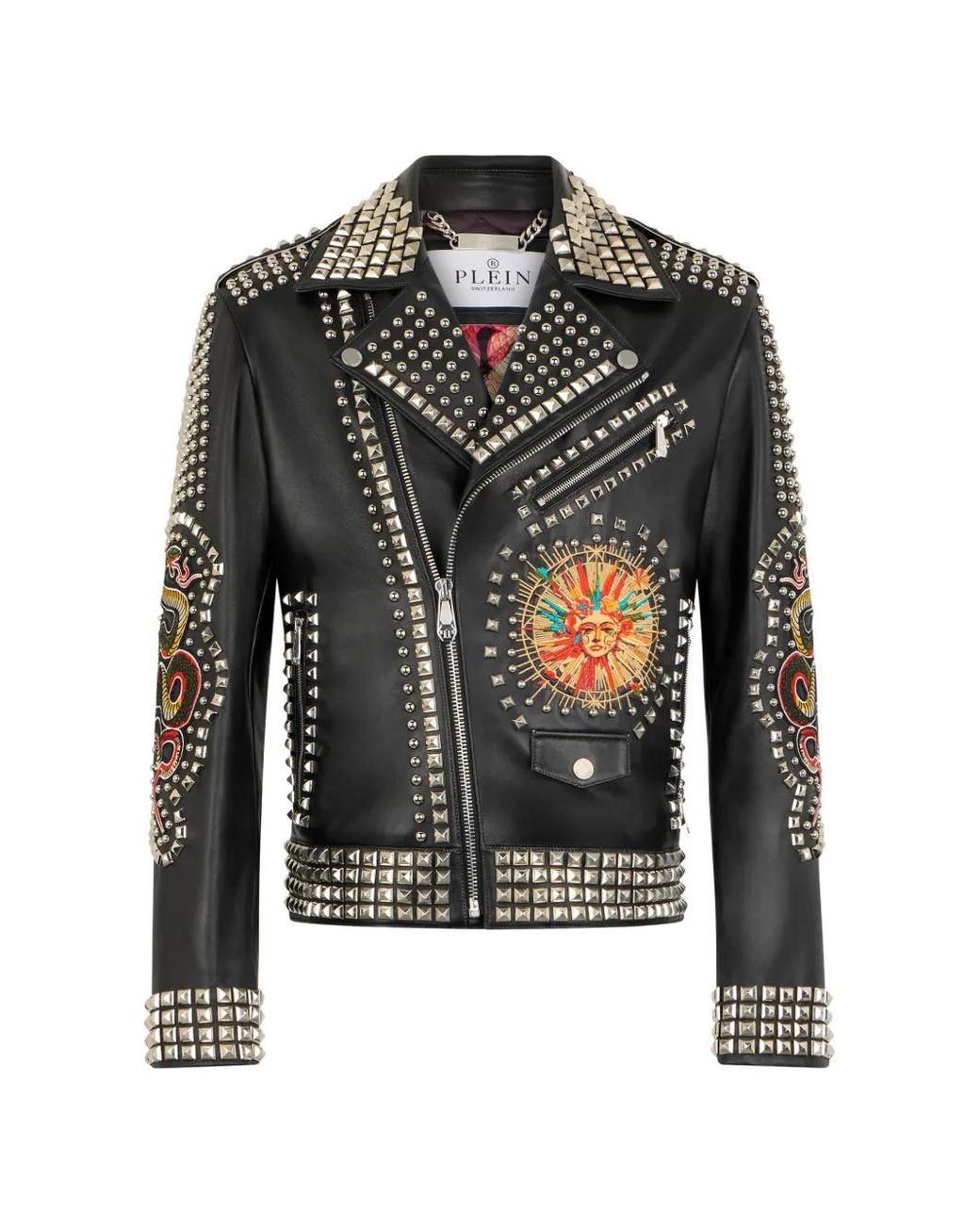 Philipp Plein Black Leather Biker Jacket Studs & Patches for men