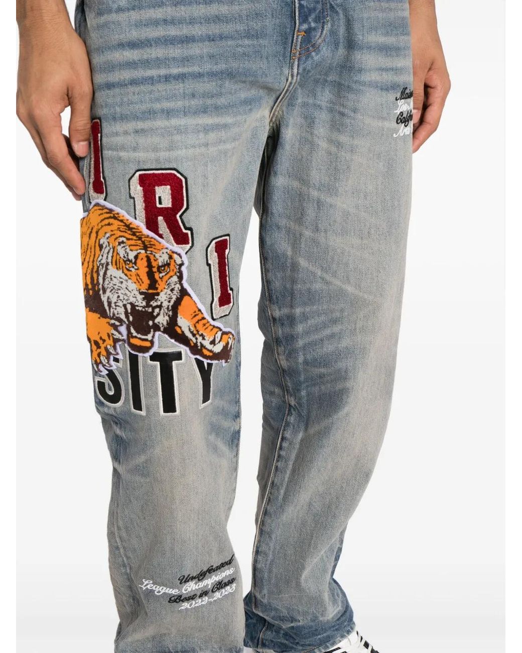 Amiri Gray Varsity Tiger Straight-Leg Jeans for men