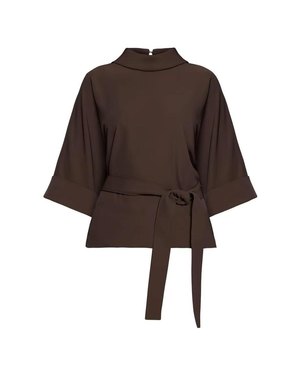 Vera Mont Brown Belted Short-Sleeved Blouse