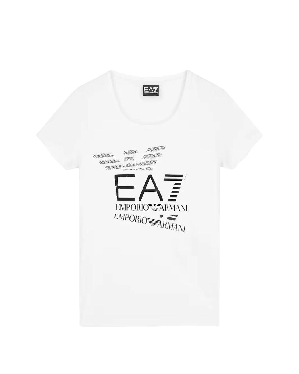 EA7 White Logo-Print Rhinestone-Embellished T-Shirt