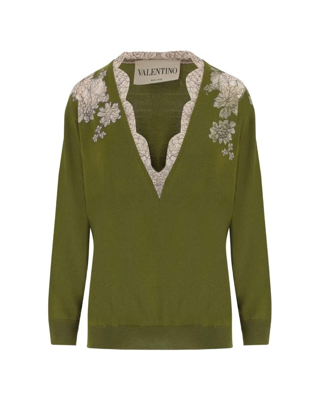 Valentino Garavani Green Lace-Trim Wool Sweater