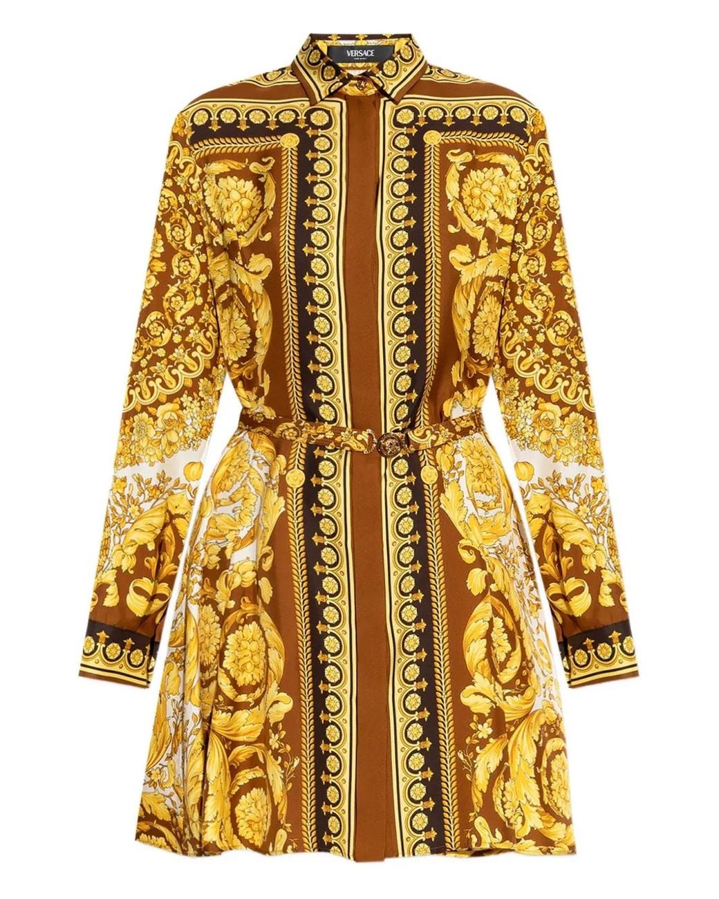 Versace Metallic Silk Belted Mini Shirt Dress
