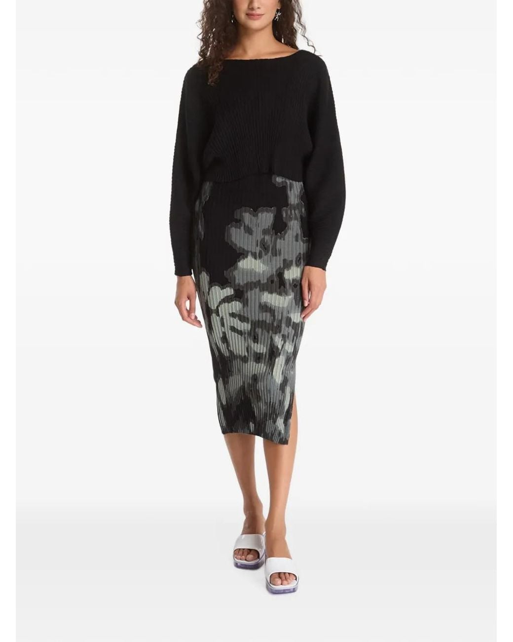 Desigual Black Floral-Print Ribbed Midi Dress