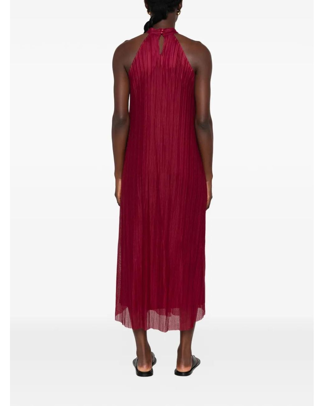 GONGDID DESIGN Red Plissé-Effect Halter-Neck Midi Dress