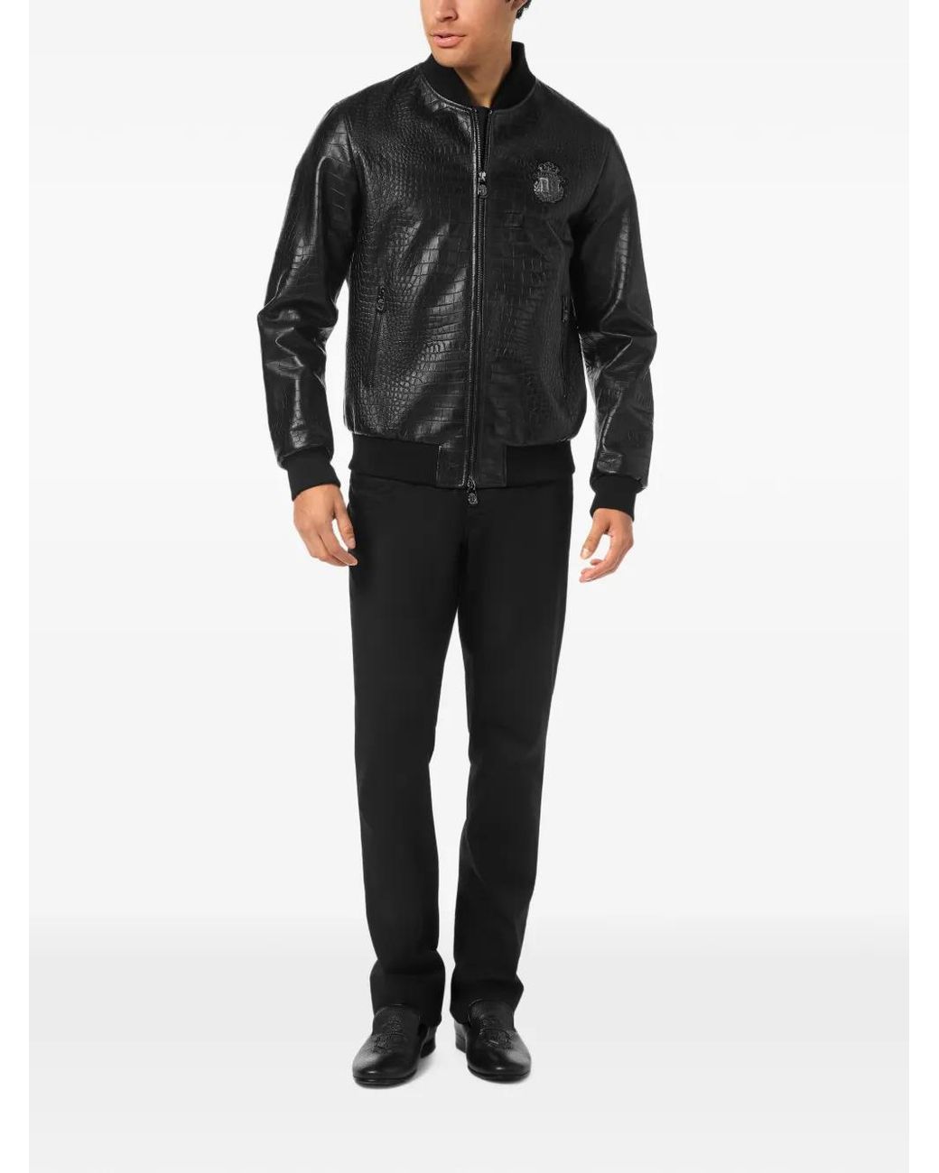 Billionaire Black Cocco Crocodile-Effect Zip-Up Bomber Jacket for men