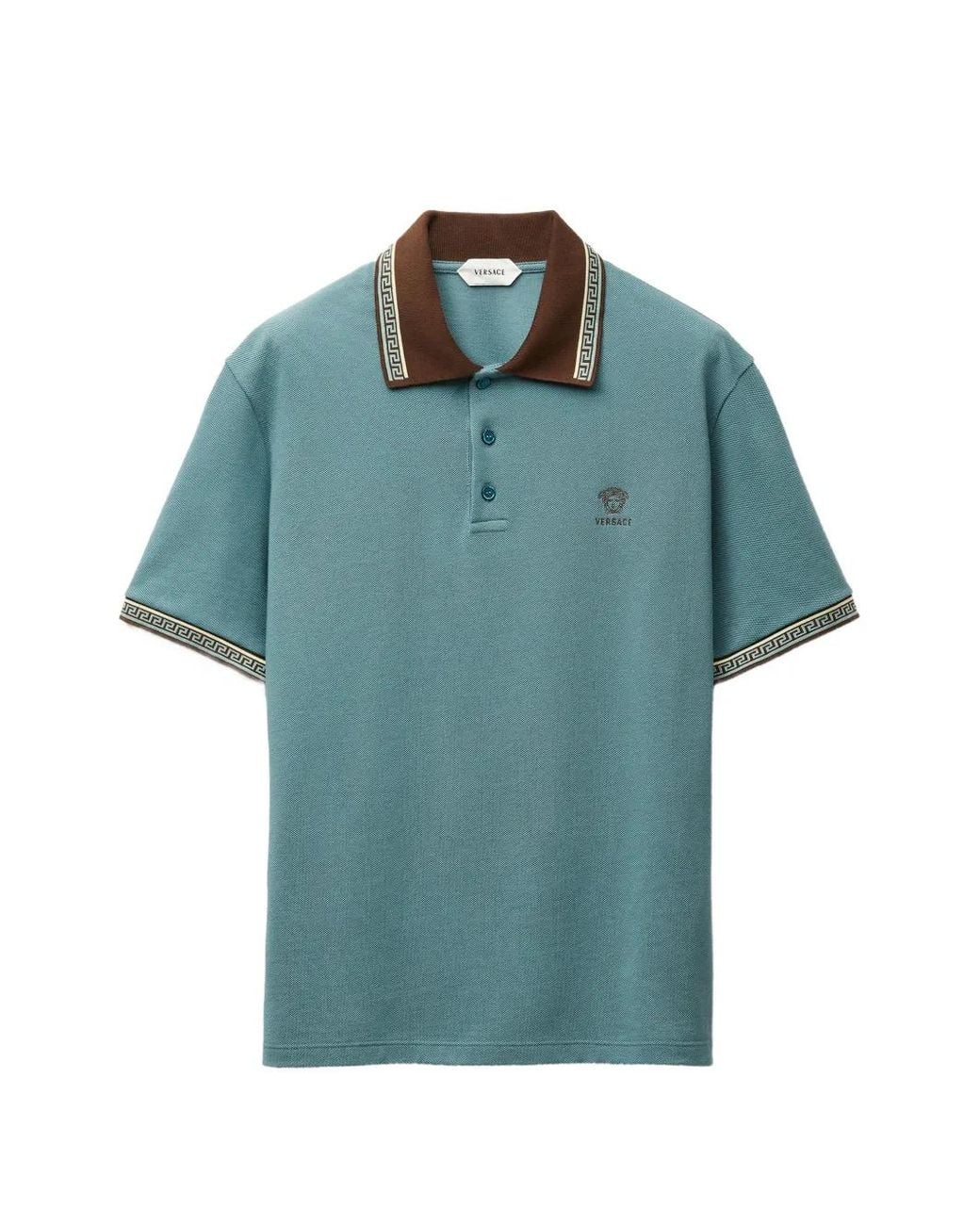 Versace Blue Embroidered-Logo Cotton Piqué Polo for men