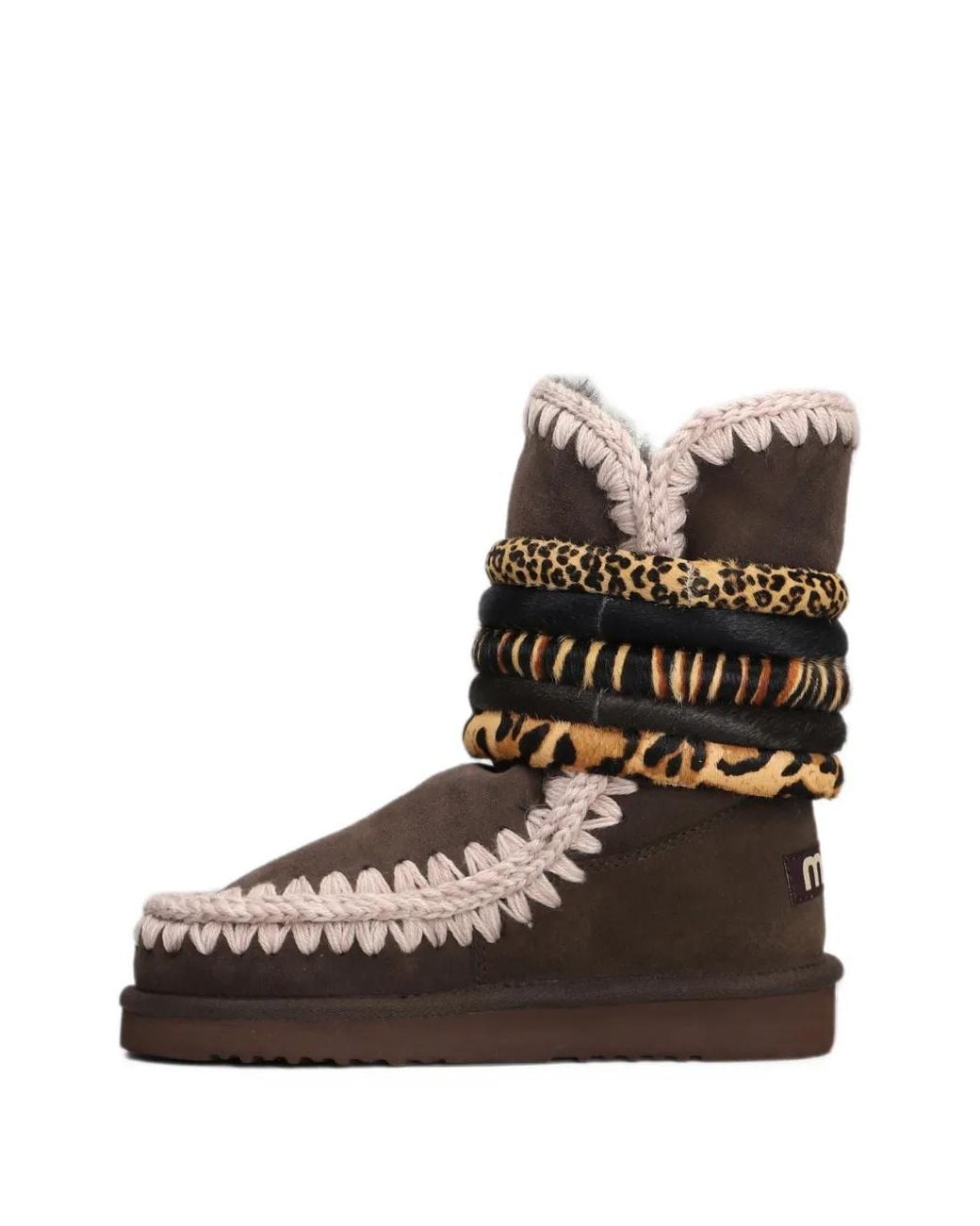 Mou Brown Animal-Print Blanket-Stitch Boots
