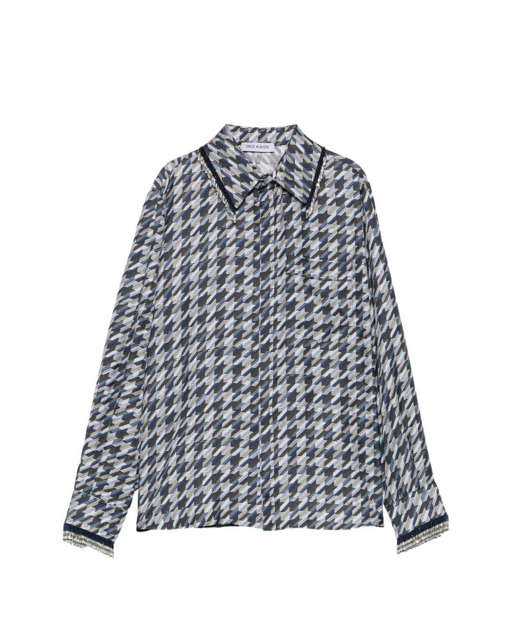 Dice Kayek Blue Houndstooth Tassel-Collar Silk Shirt