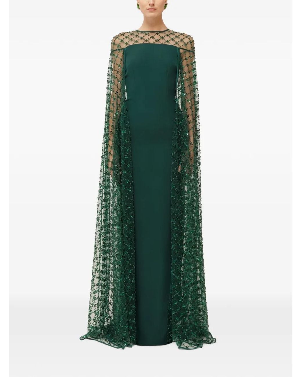 Nissa Green Sequin Tulle Cape Maxi Dress