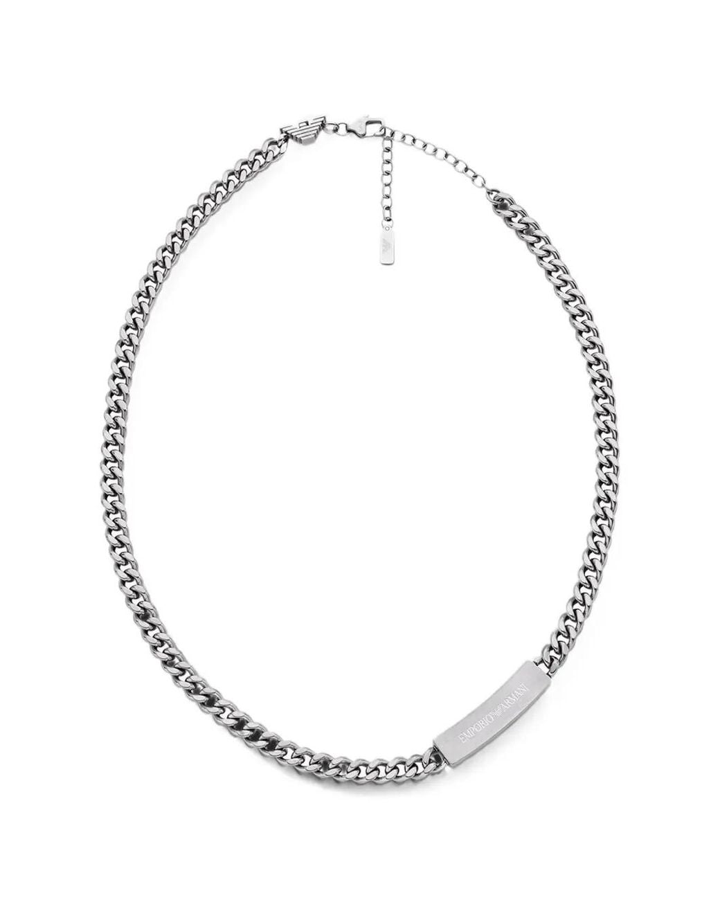 Emporio Armani White Logo-Plaque Curb-Chain Necklace for men
