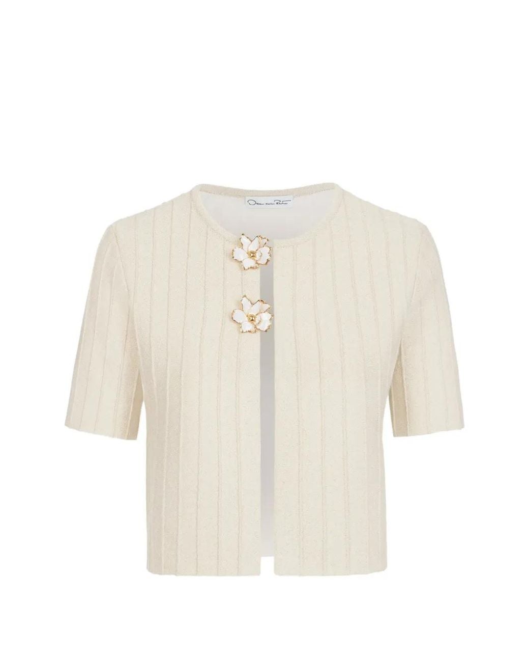 Oscar de la Renta Natural Ottoman Floral-Embellished Short-Sleeved Cropped Cardigan