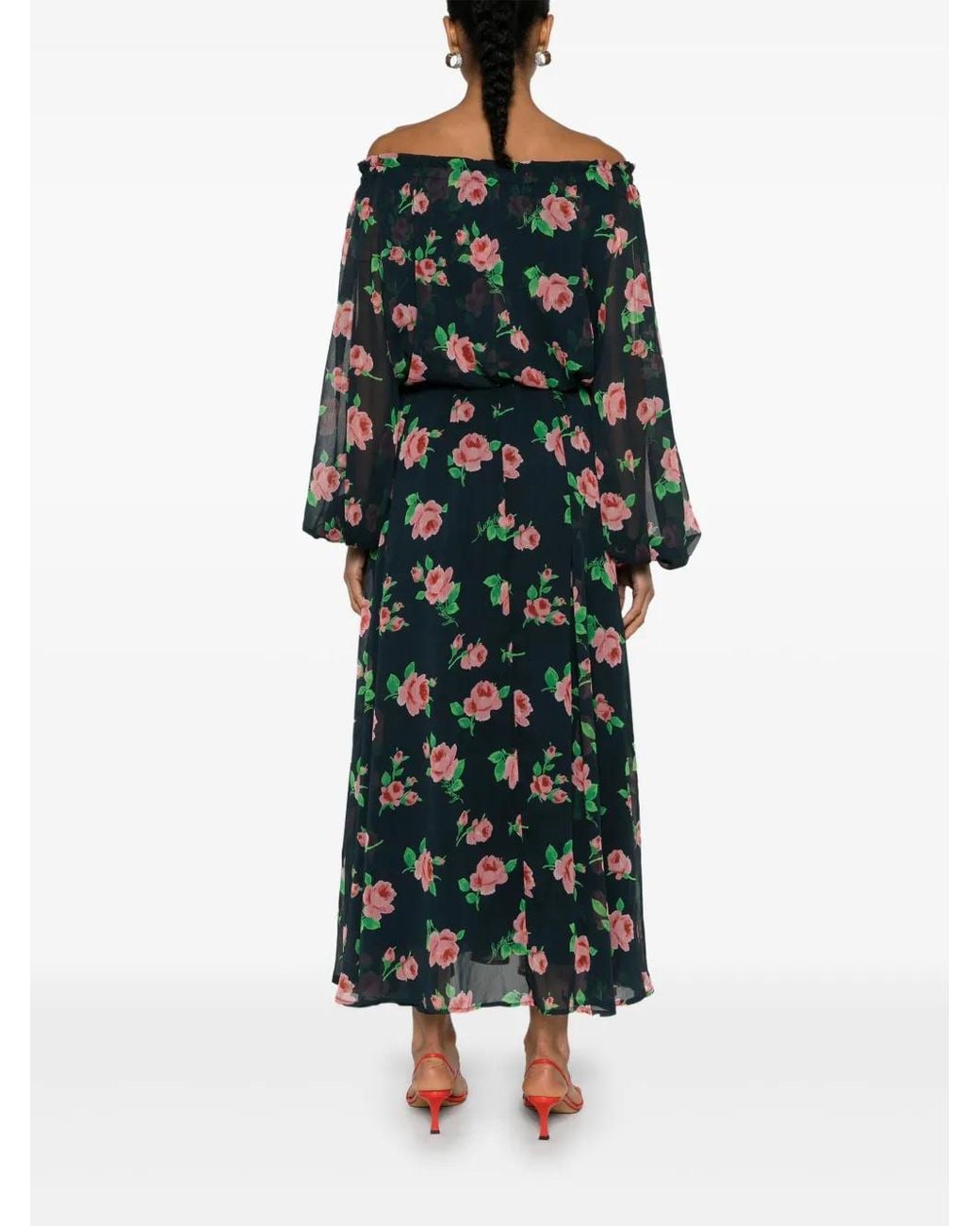 ROTATE BIRGER CHRISTENSEN Green Floral-Print Off-Shoulder Chiffon Maxi Dress
