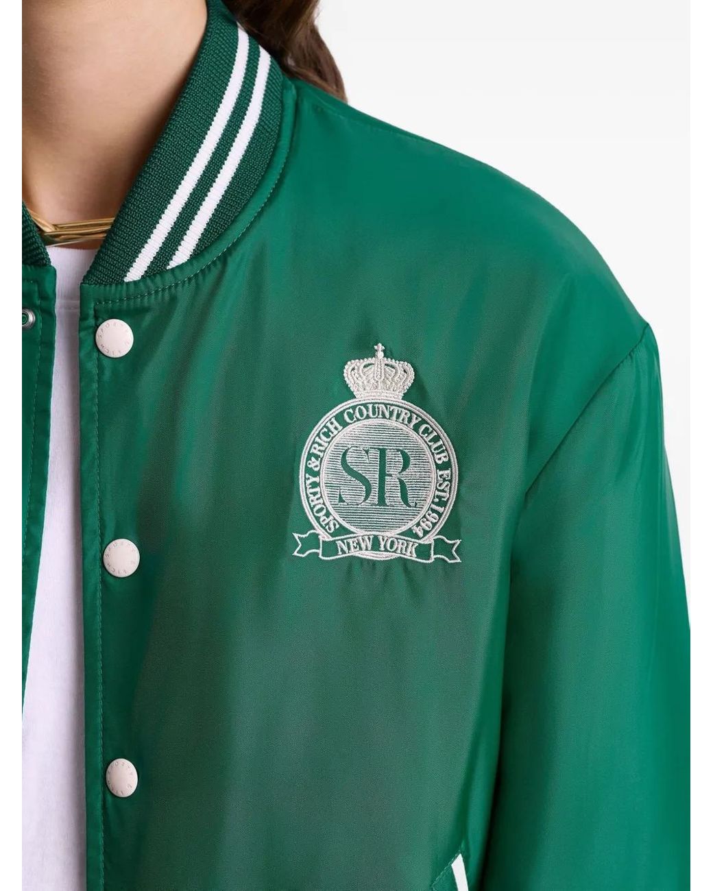 Sporty & Rich Green Embroidered Satin Bomber Jacket