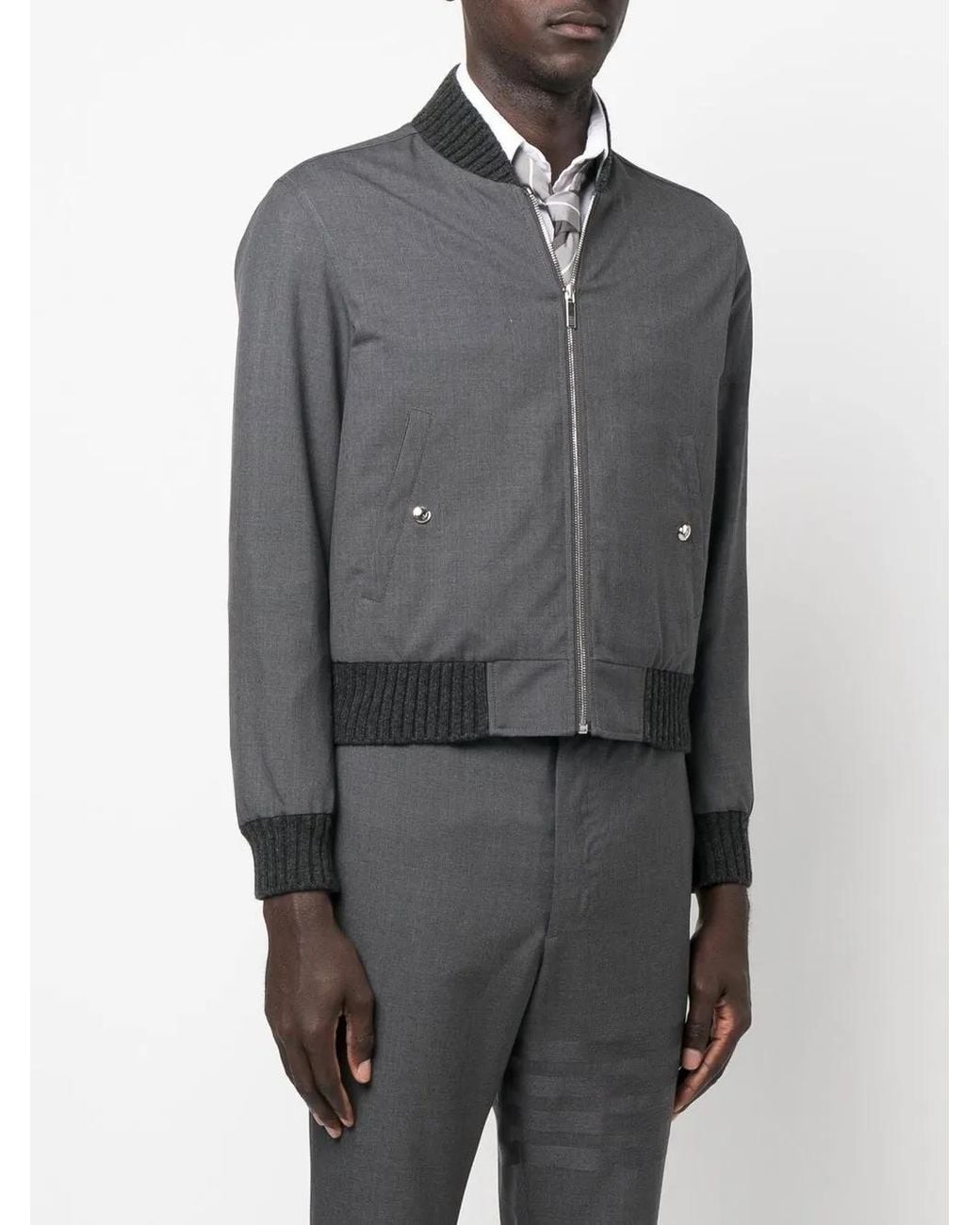 Thom Browne Gray Plain Weave 4-Bar Knit Rib Blouson Jacket for men