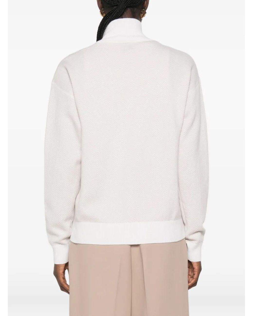 Eleventy White Cardigan Zippé En Maille À Chevrons