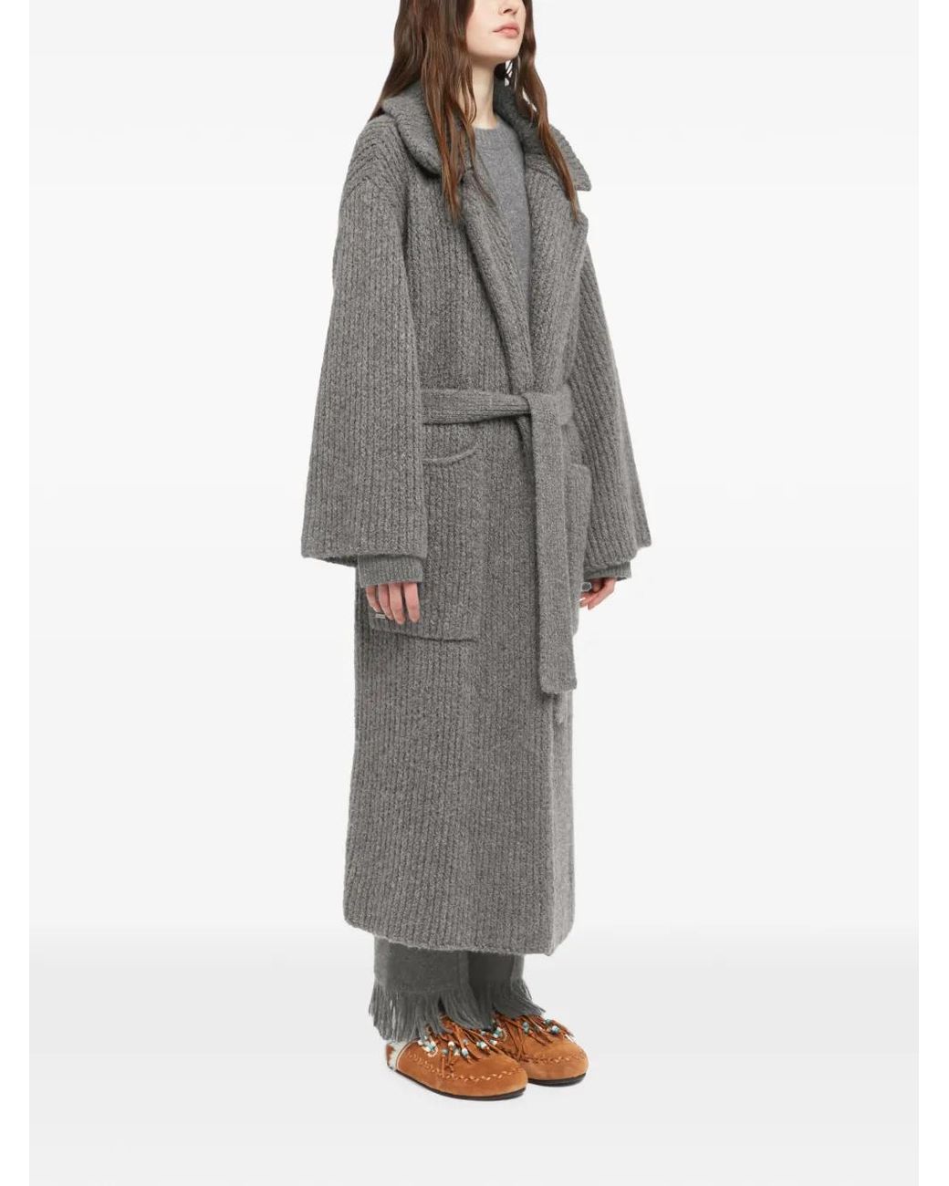 Alanui Gray Rib-Stitch Belted Coat