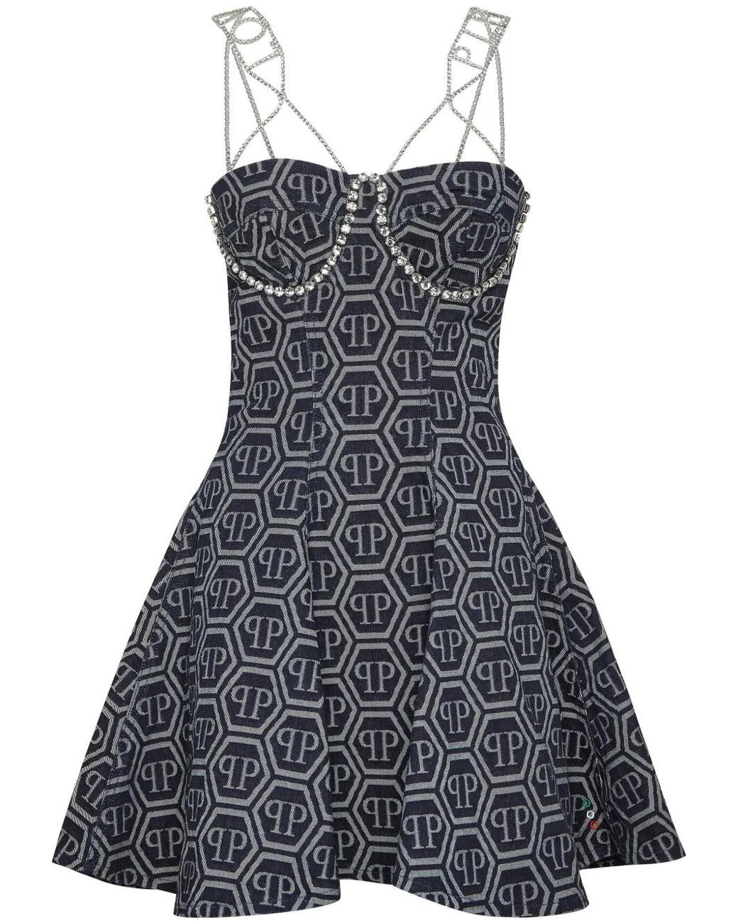 Philipp Plein Black Monogram-Jacquard Denim Mini Dress