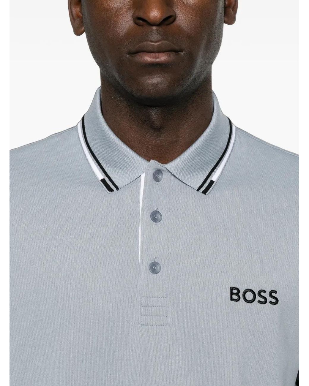 Boss Gray Logo-Print Tipped Polo Shirt for men