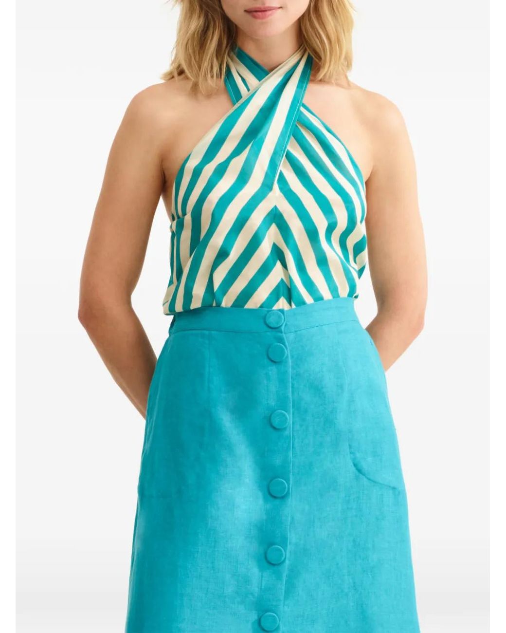 Eres Blue Striped-Pattern Halterneck Top