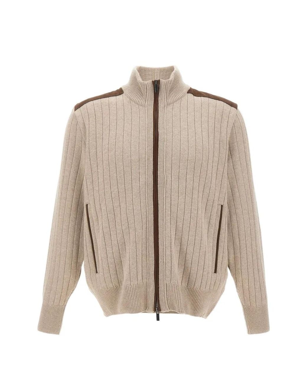 Paul & Shark Natural Ribbed-Knit Suede-Panel Cardigan for men