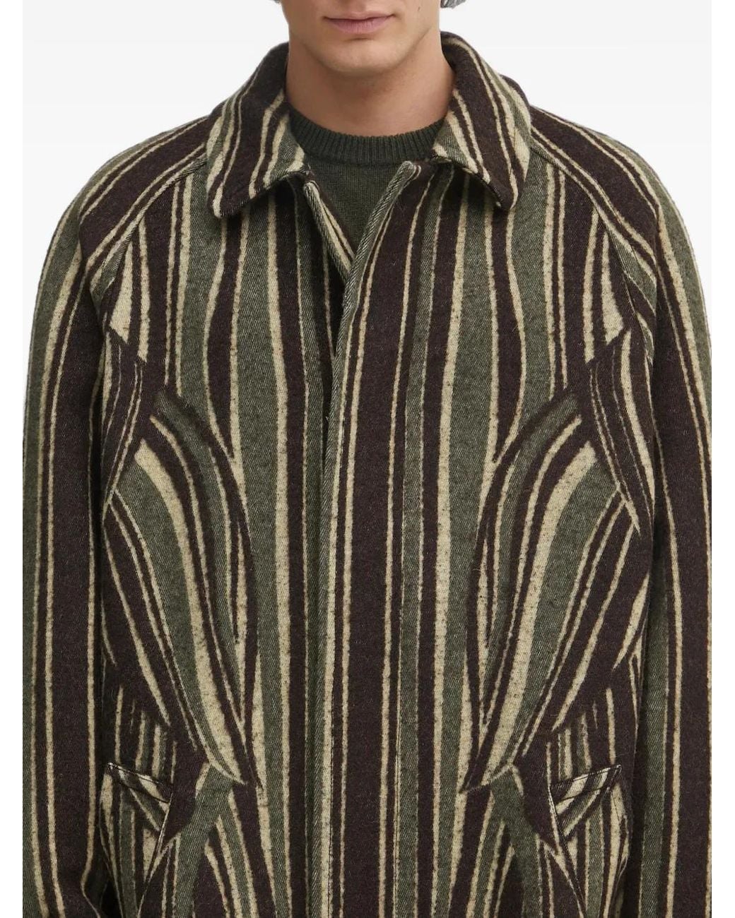 KENZO Green Striped Logo-Patch Coat for men