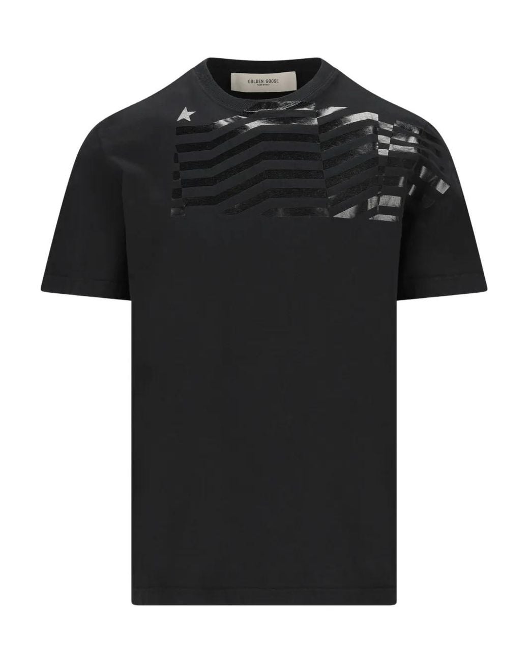 Golden Goose Deluxe Brand Black Journey T-Shirt Regular Dyed Gauze Cotton Jersey With Flag Print